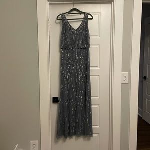 Adrianna Papell beaded slate blue dress.